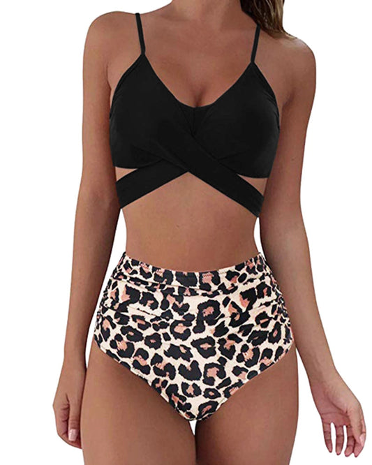 Cross High Waist Leopard Print Two-piece Swimsuit