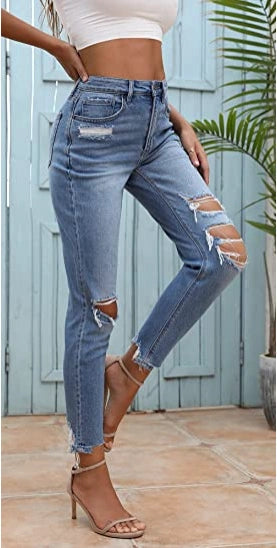 OFLUCK Women Stretch Ripped High Waisted Jeans Frayed Raw Hem Distressed Denim Pants with Hole
