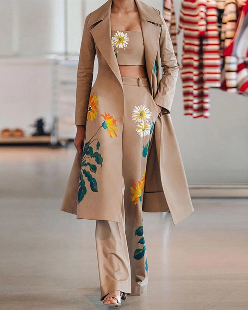 Long Printed Trench Coat Three-piece Suit