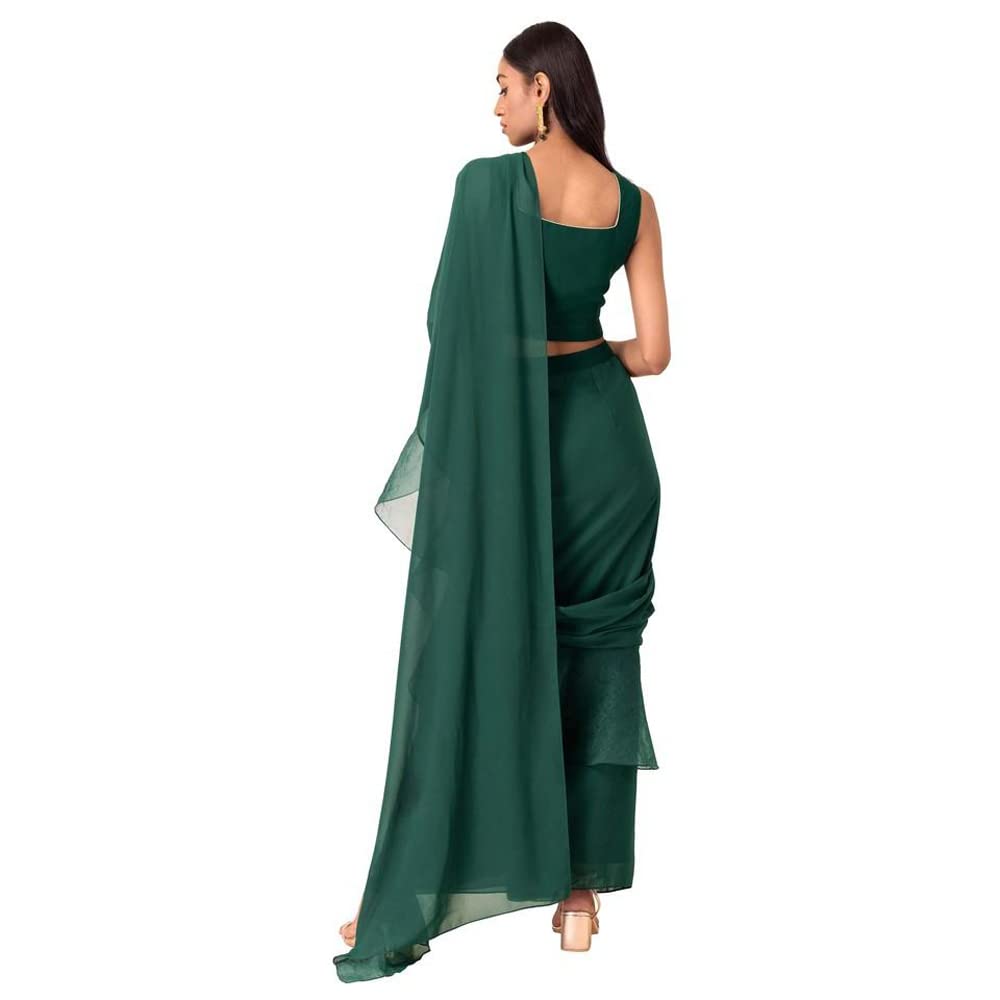 Indya Women's Polyester Green Organza Solid Pre Draped Saree Sari Skirt (ISK00733 L)