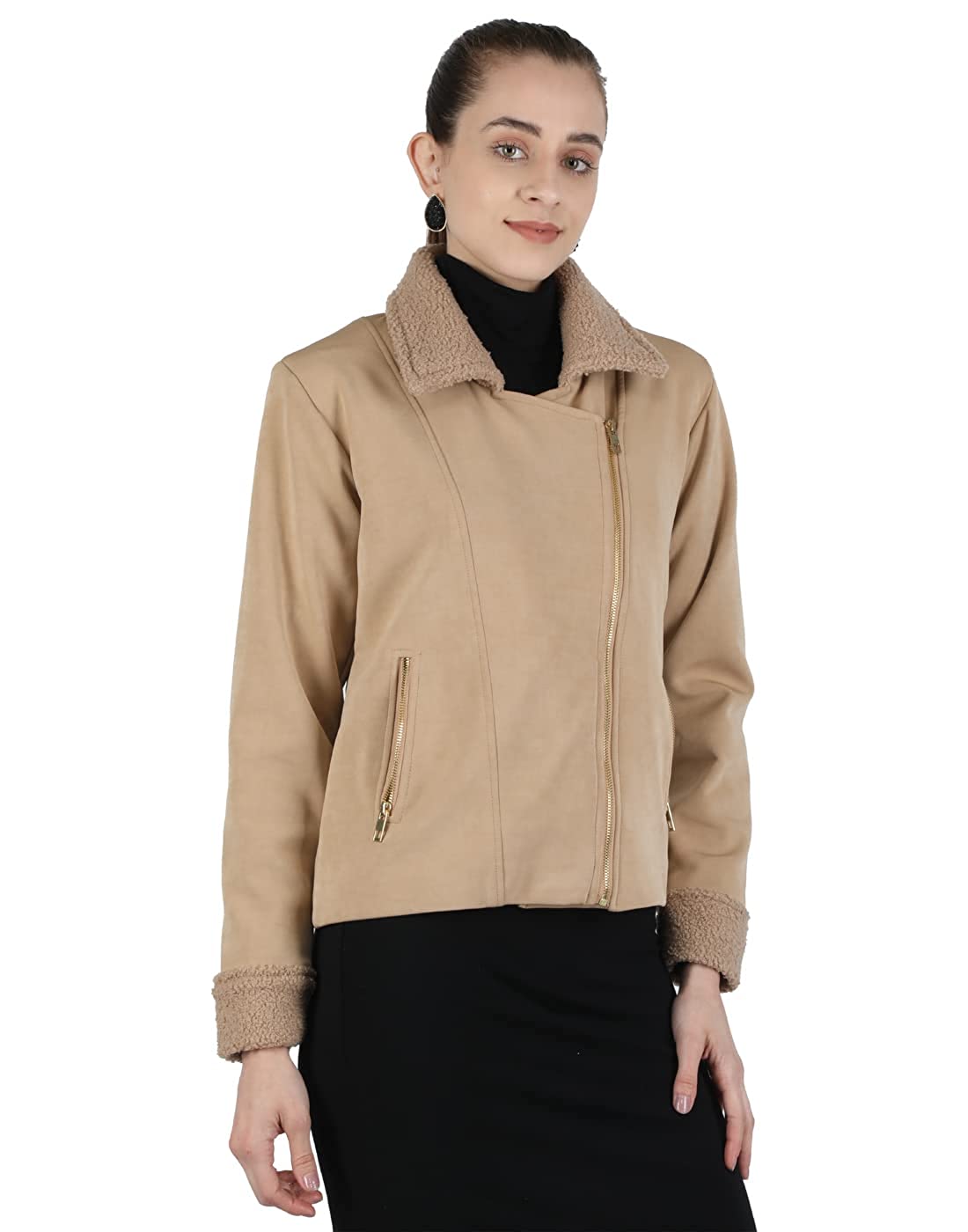 Monte Carlo Women Brown Cotton Blend Solid Jacket 221053618-1