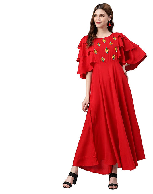 Yash Gallery Women's Rayon Embroidered Anarkali Ethnic Maxi Kurta Dress (Red)