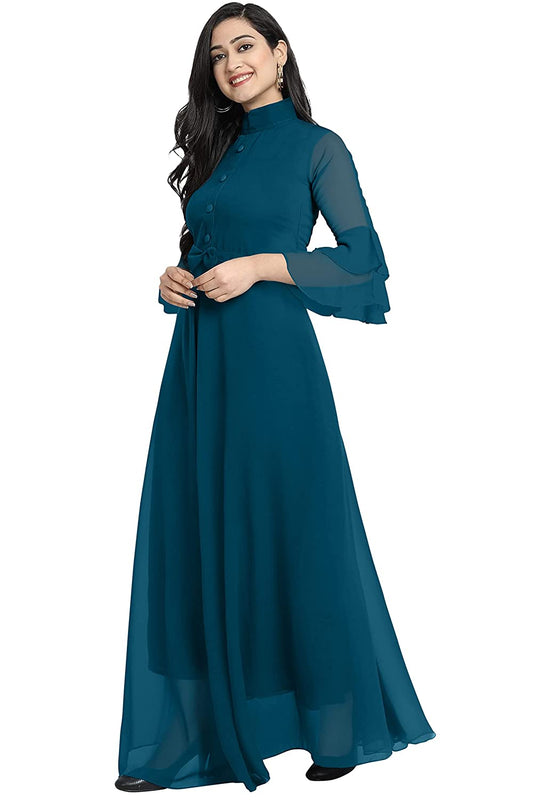 FIBREZA Women's Georgette Traditional Ethnic Long Gown Western Dress with Collar Neck Flare Sleeve Pattern