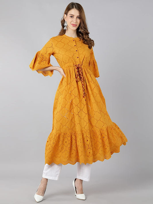 KIPEK Womens Cotton Sifli Schiffli Flared Dress
