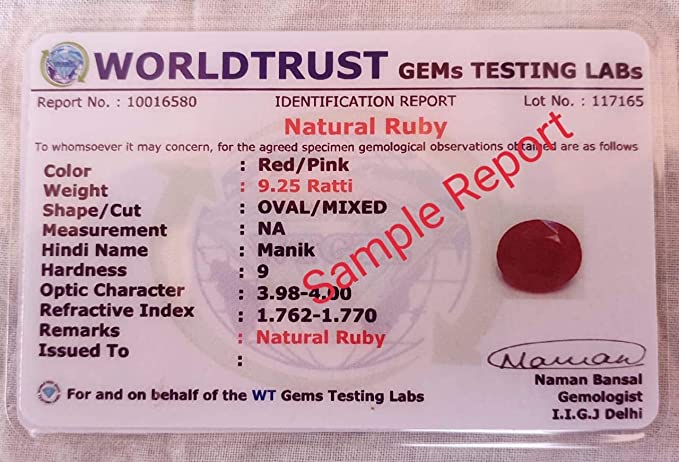 Abhinav Gems, Natural AA++ Quality Burmese Ruby Manik 10.25 Ratti Birthstone Stone Original Natural Unheated Untreatet Earth Mind Loose Gemstone with Lab Certified Report