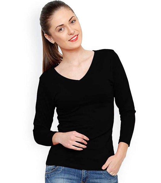 TRENDS TOWER Women Bio Wash Full Sleeve V-Neck Black Color T-Shirt