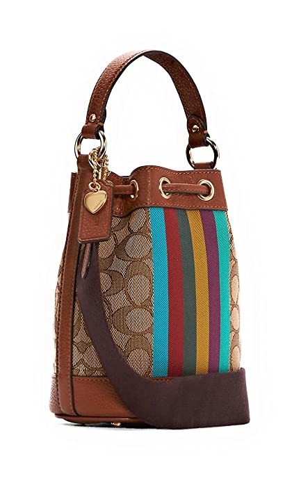 COACH Womens Dempsey Drawstring Bucket 15 In Signature Jacquard With Stripe And Coach Patch Khaki/Redwood Multi