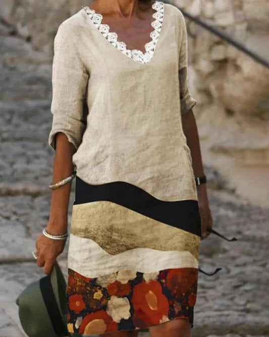 V-neck Cotton And Linen Landscape Print Dress