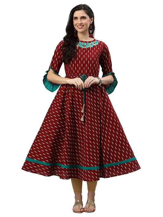 Yash Gallery Women's Cotton Embroidered Ikat Printed Anarkali Kurta Dress (Maroon)