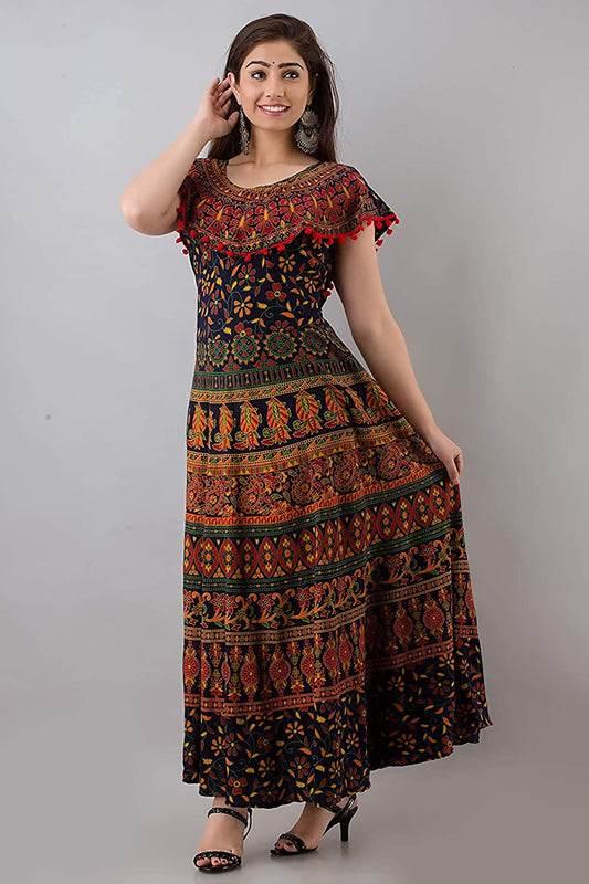 Parii Fashion Jaipur Cotton Flared/A-line Stitched POM POM Casual Long Maxi Dress for Women - (Dark Green-1, Free Size)