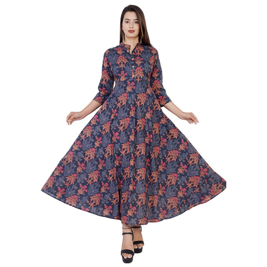 Monique Brand Women's Cotton Rajasthani Jaipuri Printed Maternity Summer Long Maxi Anarkali Dress (Multicolour , Free Size)
