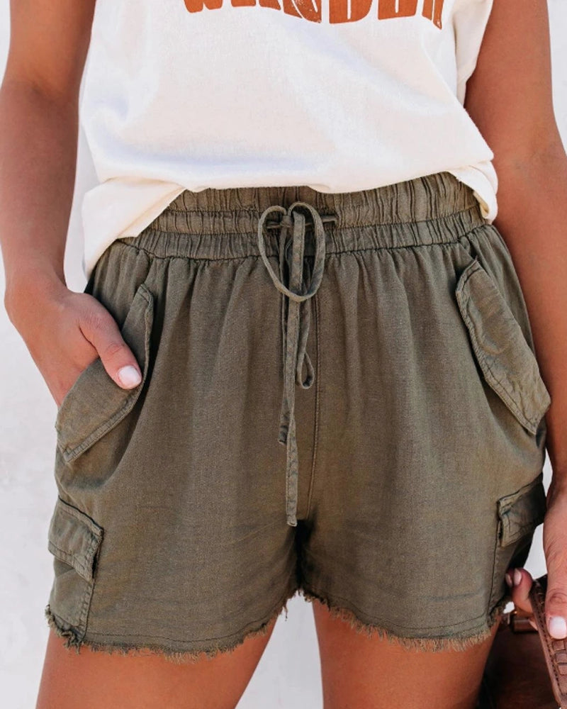 Casual Mid-waist Lace-up Pocket Shorts