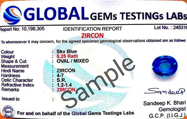 Ayush Gems 7.25 Ratti - 6.50 Carat Blue Zircon Gemstone Original Lab Certified for Men and Women