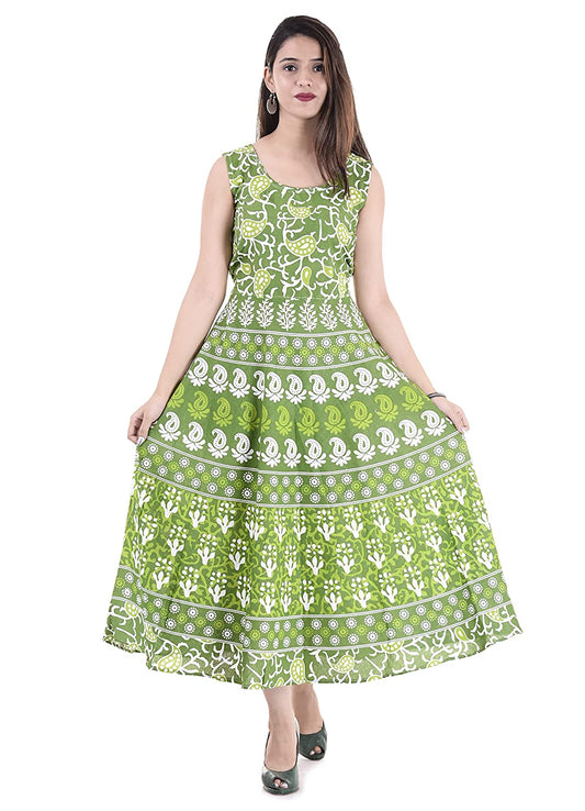 Suraaj Fashion Women's Cotton Jaipuri Printed Kurti Long Midi Maxi Dress (Free Size Up to 44XL) - Green