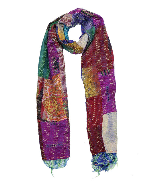 Indiweaves Women's Handmade Silk Kantha Patch Work Reversible Double Layered Stole Scarve Dupatta_Assorted Colors_80200-162