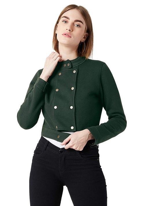 Miss Chase Women's Green Cotton Cropped Jacket