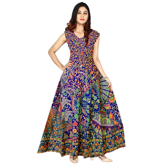 Radhika Emporium Women's Jaipuri Printed Cotton Long Maxi Kurti Dress (Multicolour, Free Size Upto 42-XL, 44-XXL)