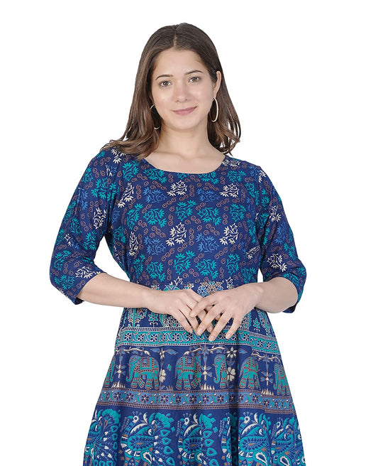 ROSETTE Women's Rajasthani Print Bodycon Maxi Dress with Sleeves-(Free Size) (Blue)
