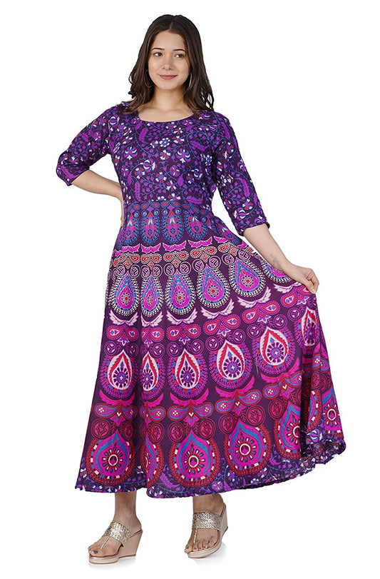 ROSETTE Women's Rajasthani Print Bodycon Maxi Dress with Sleeves-(Free Size)