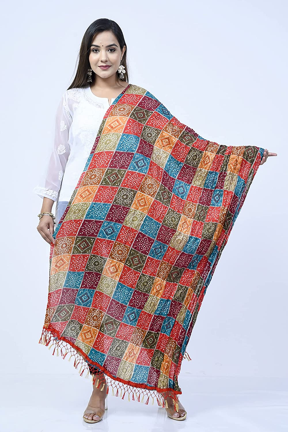 Chaukhat Woman And Girls Rajasthani Traditional Chinon Silk Bandhej Print Dupatta 2.25 Meter (Free Size)