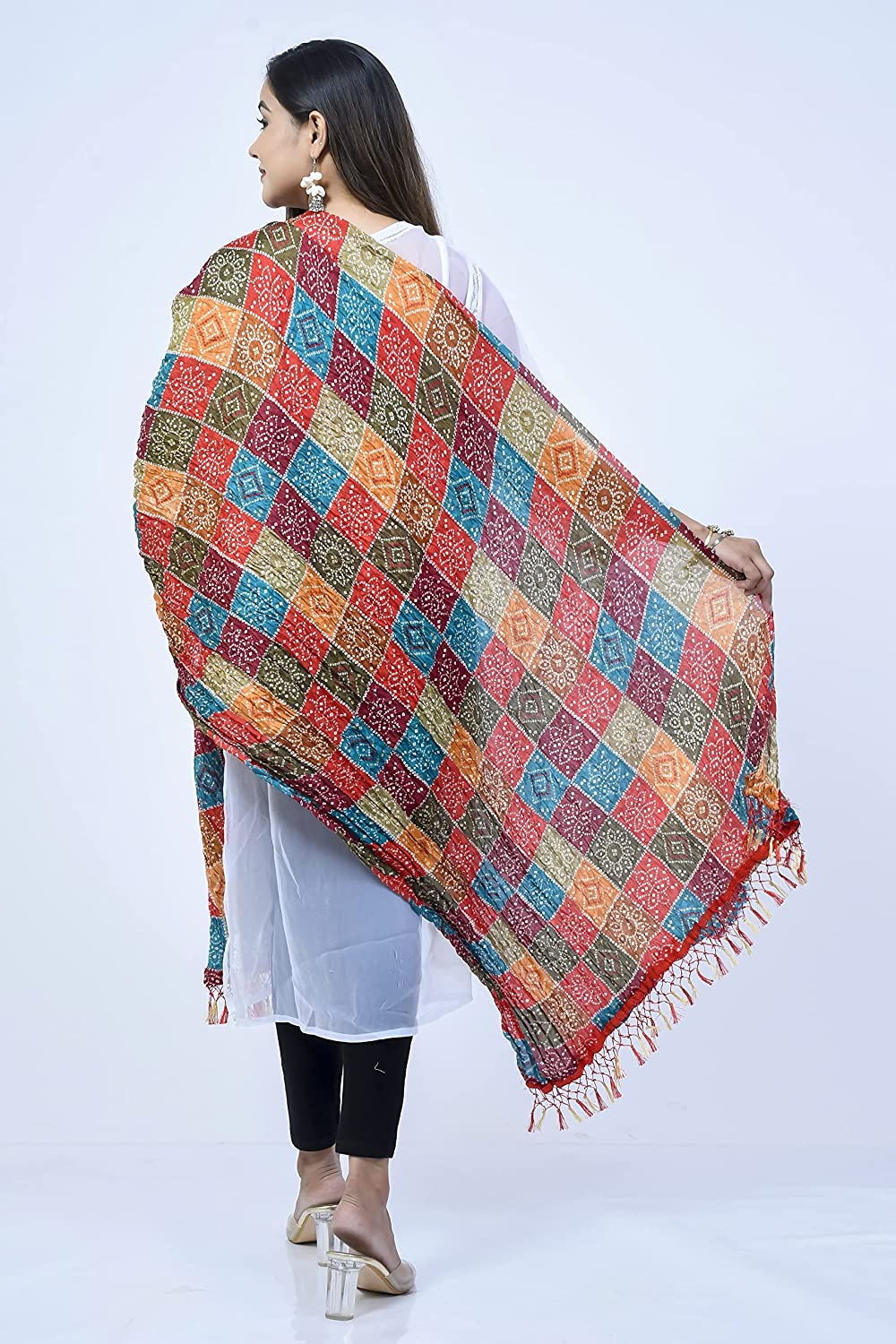 Chaukhat Woman And Girls Rajasthani Traditional Chinon Silk Bandhej Print Dupatta 2.25 Meter (Free Size)