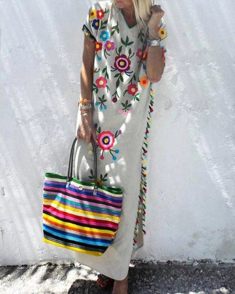 Bohemian Colorful Tassels Floral Print Dress