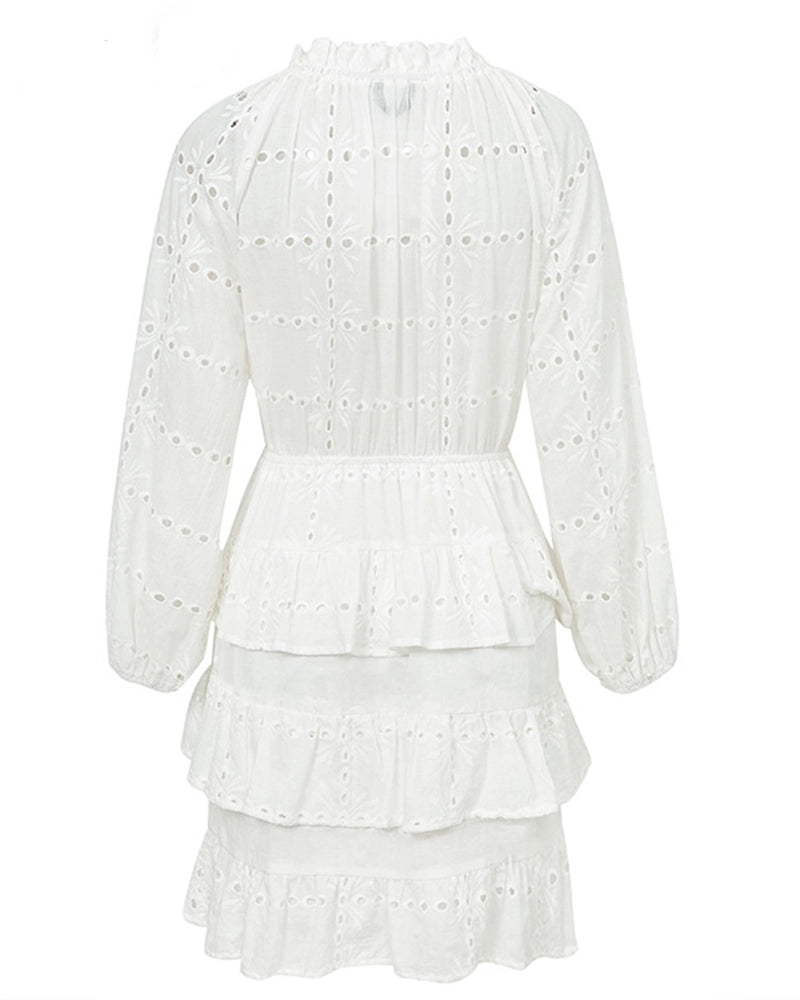 Elegant High-waisted Ruffle Lace White Dress