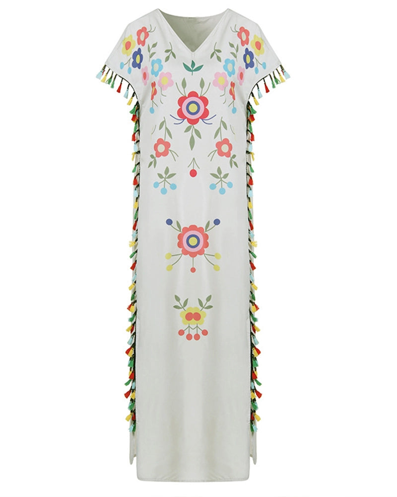 Bohemian Colorful Tassels Floral Print Dress