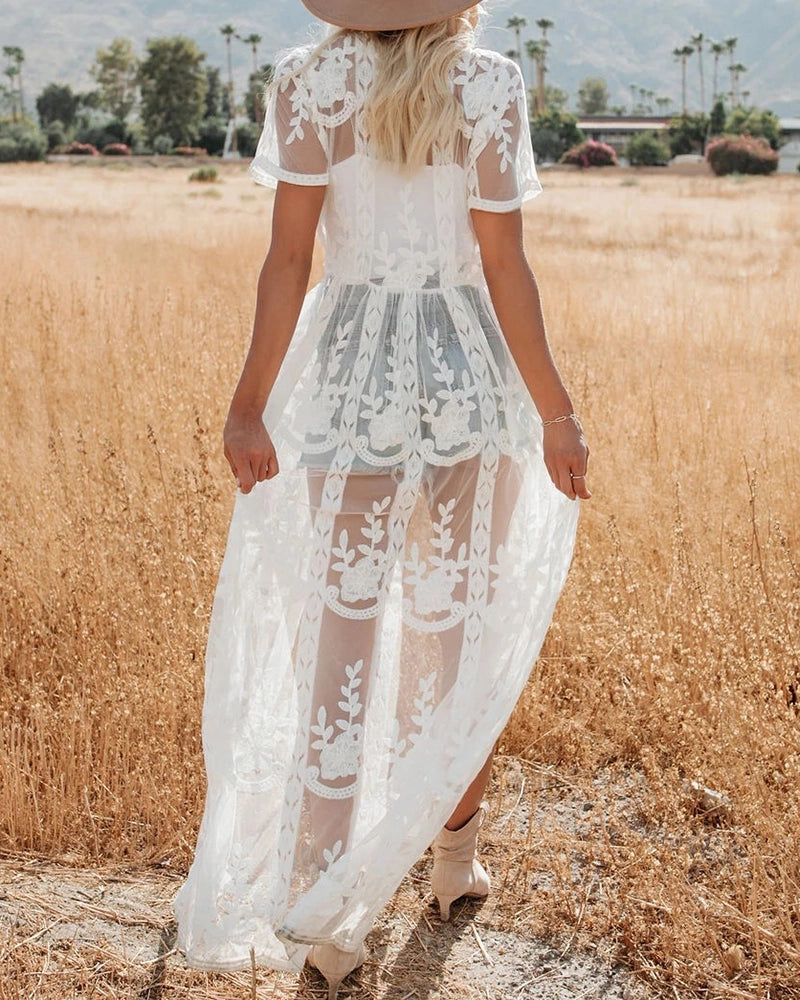 Boho Lace Fabric See-Through Design Solid Color Maxi Dress