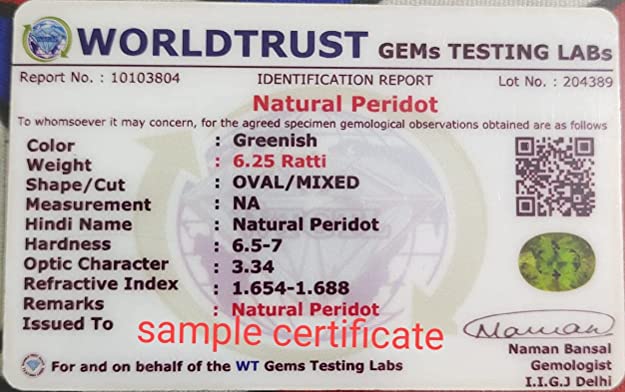 DINJEWEL 12.25 Ratti / 11.20 Peridot Stone Original Certified Superfine AAA+++ Quality for Men And Women's
