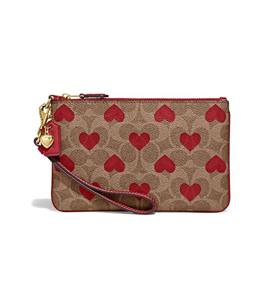 COACH Color-Block Coated Canvas Signature with Heart Print Small Wristlet Tan Red Apple One Size, Tan Red Apple, One Size