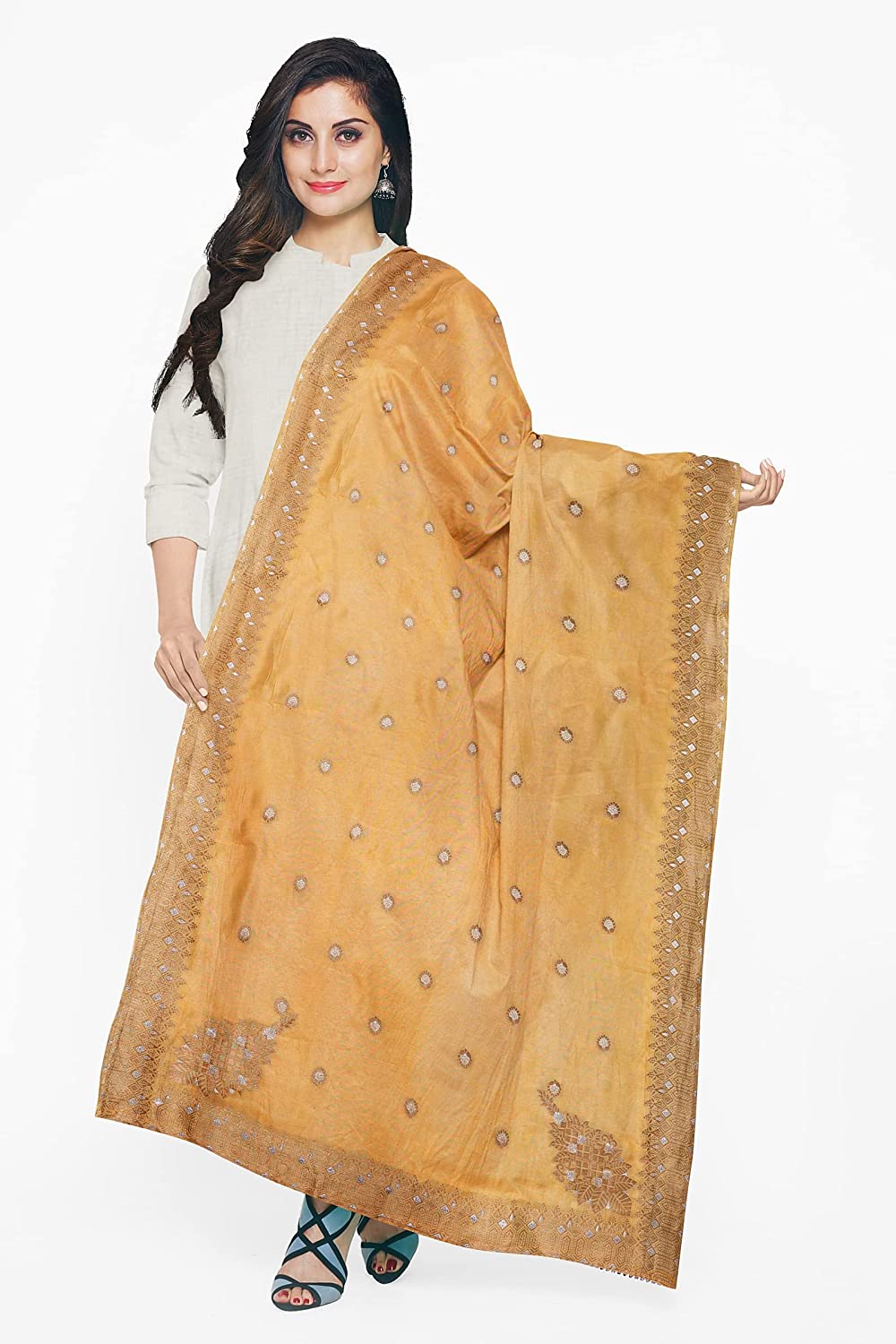 VOGZY.COM Designer Silk Dupatta With Plain Weave N Border For Women Free Size, Mustard Yellow Color