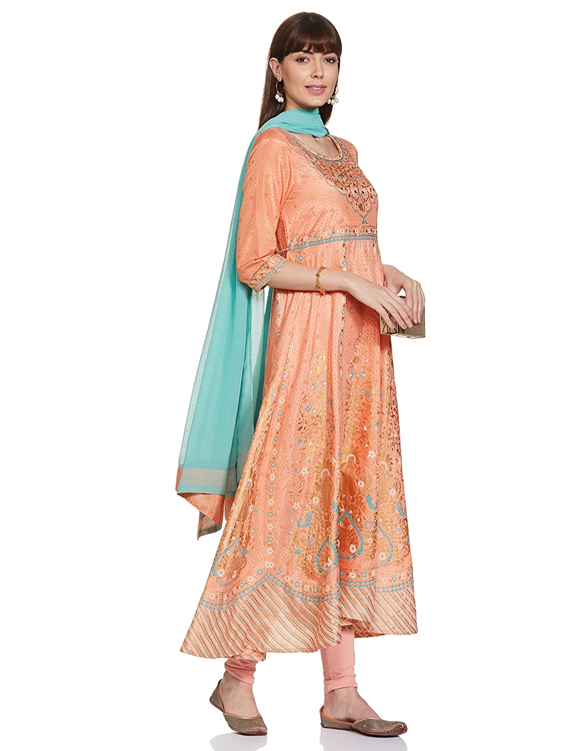 Aurelia Women's Polyester Peach Printed Ethnic Dress-Dupatta Set Ankle Length