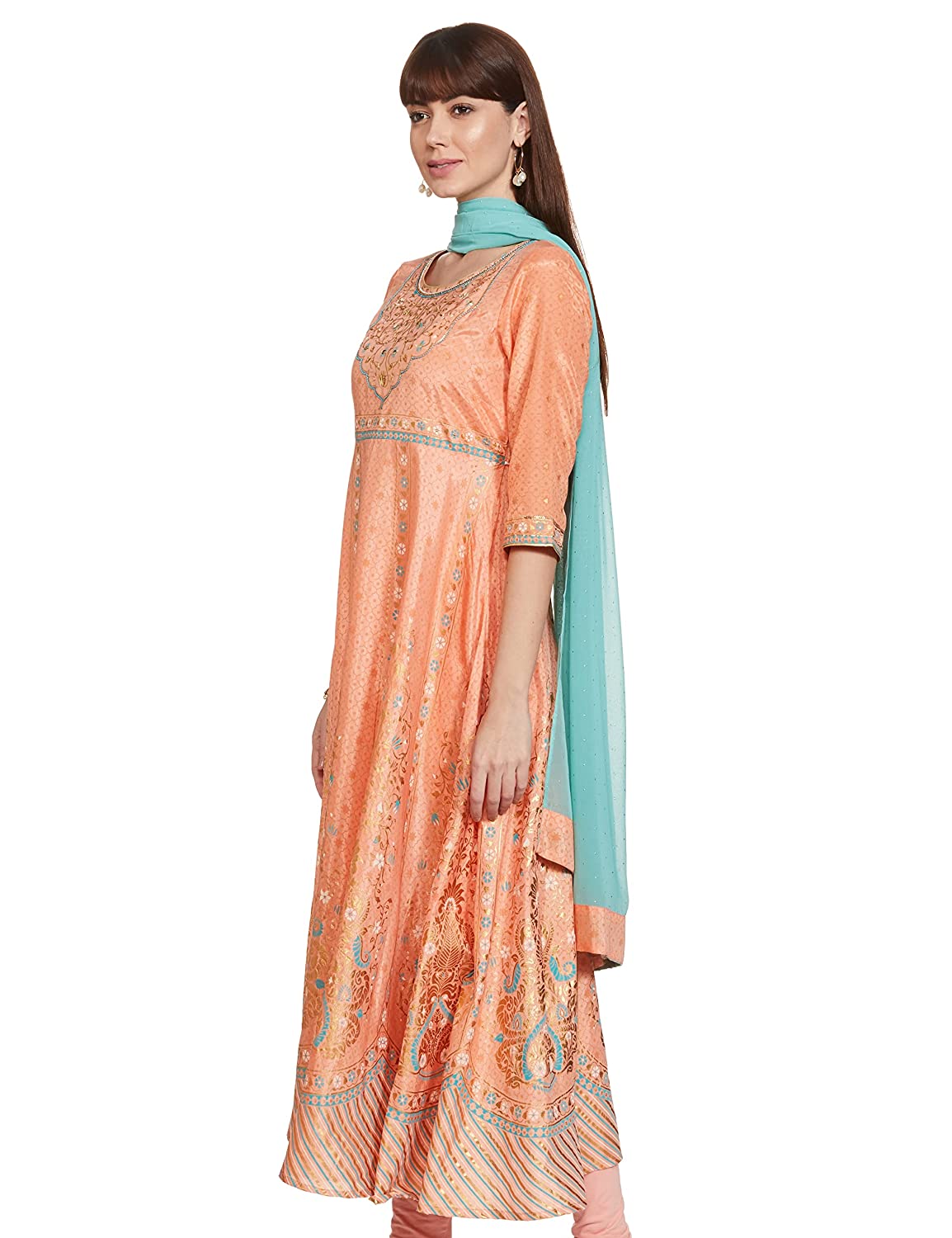 Aurelia Women's Polyester Peach Printed Ethnic Dress-Dupatta Set Ankle Length