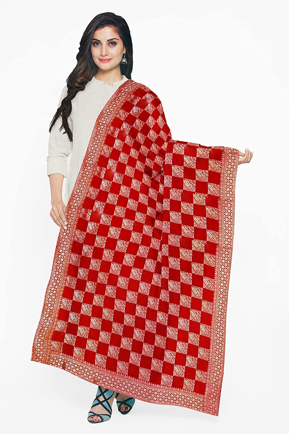 VOGZY.COM Beautiful Silk Dupatta With Plain Weave N Border For Women Free Size, Red Color